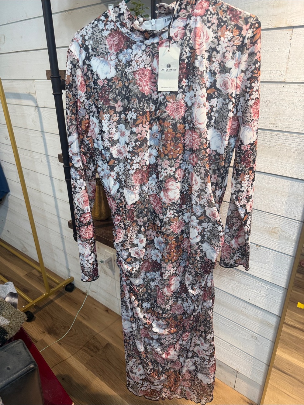 Floral Long Sleeve Midi Dress in Pink & Black
